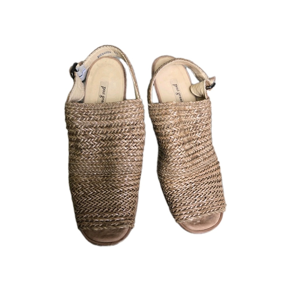 Paul Green Woven Leather Slingback Sandlals Shoes 6.5 Brown‎ Block Heel Preppy